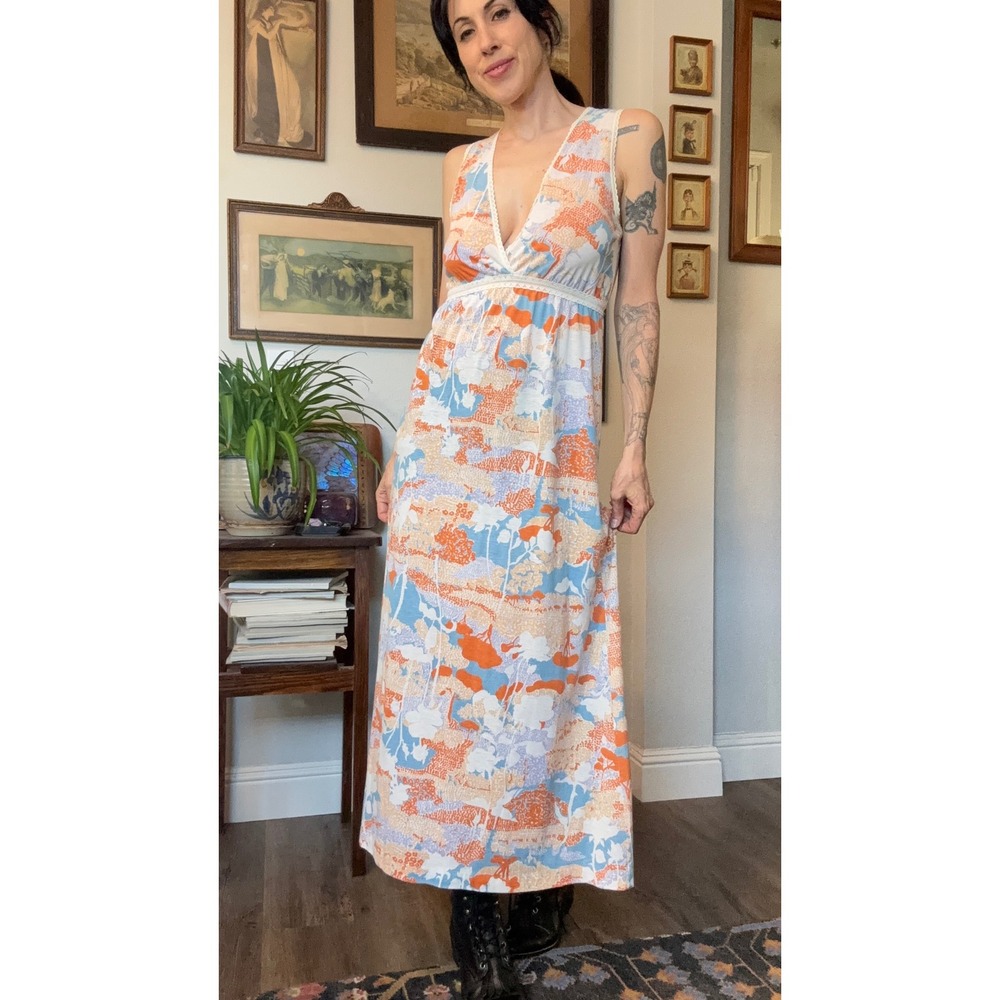 Vintage 70s Abstract Landscape novelty Print Maxi slip Dress Lace Trim
